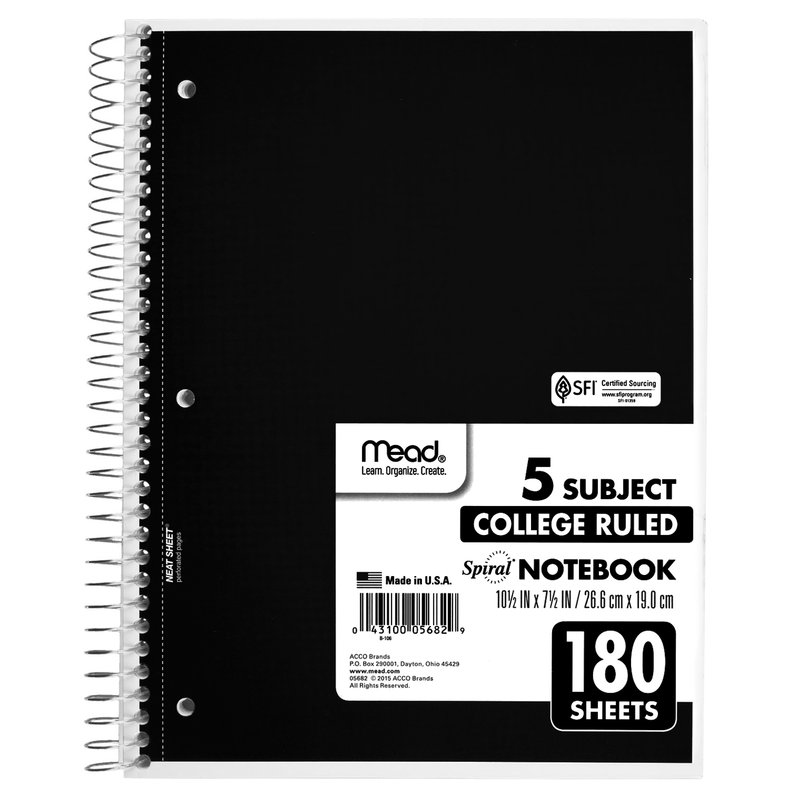 Mead Five Subject Notebook 180 Sheets