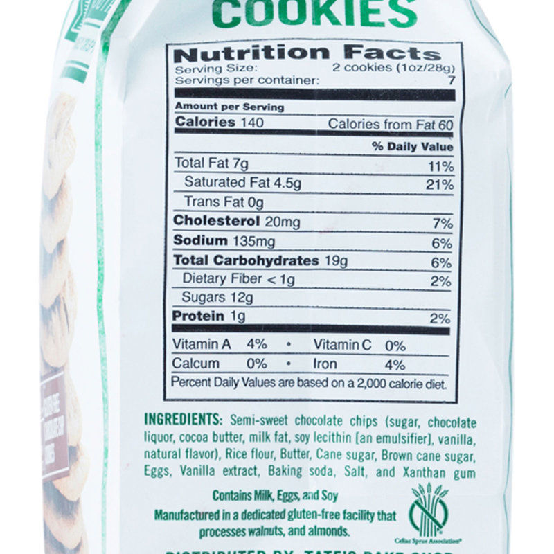 Tate's Bake Shop Gluten Free Chocolate Chip Cookies 7oz Snacks fast