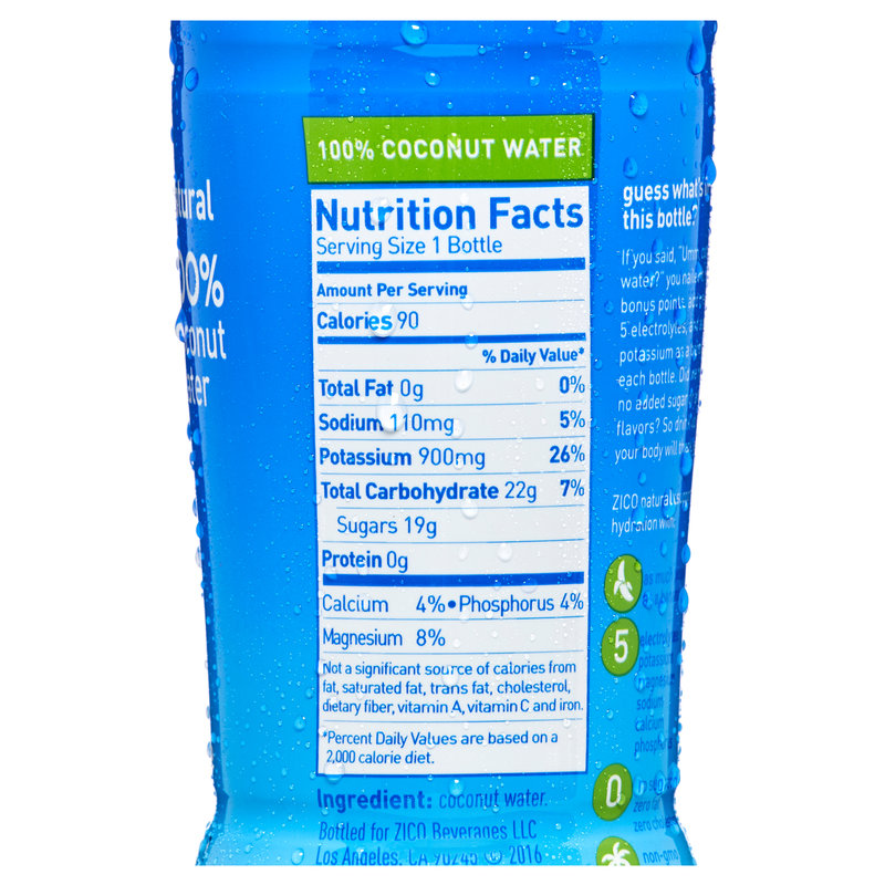 Zico coconut water nutrition label