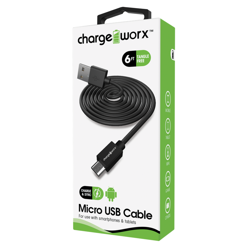 Chargeworx Micro USB Charging Cable 6ft Black delivered in minutes