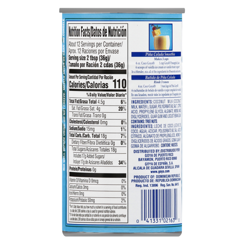 Coconut cream nutrition label