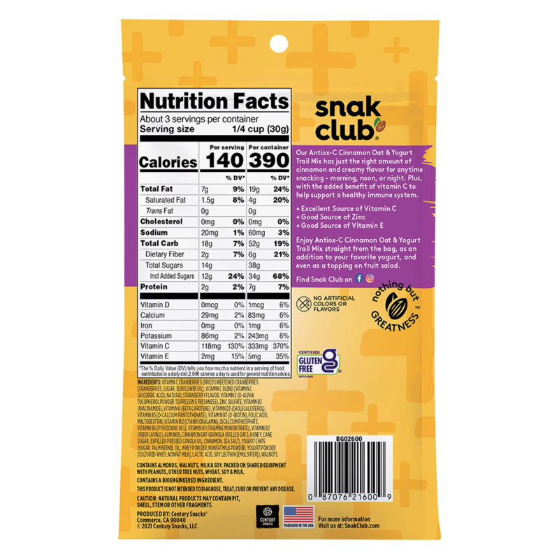 Snak Club AntioxC Cinnamon Oat & Yogurt Trail Mix 3oz Snacks fast