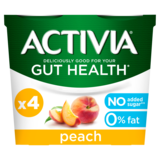 Activia Peach No Added Sugar 0% Fat Yoghurt, 4 x 115g