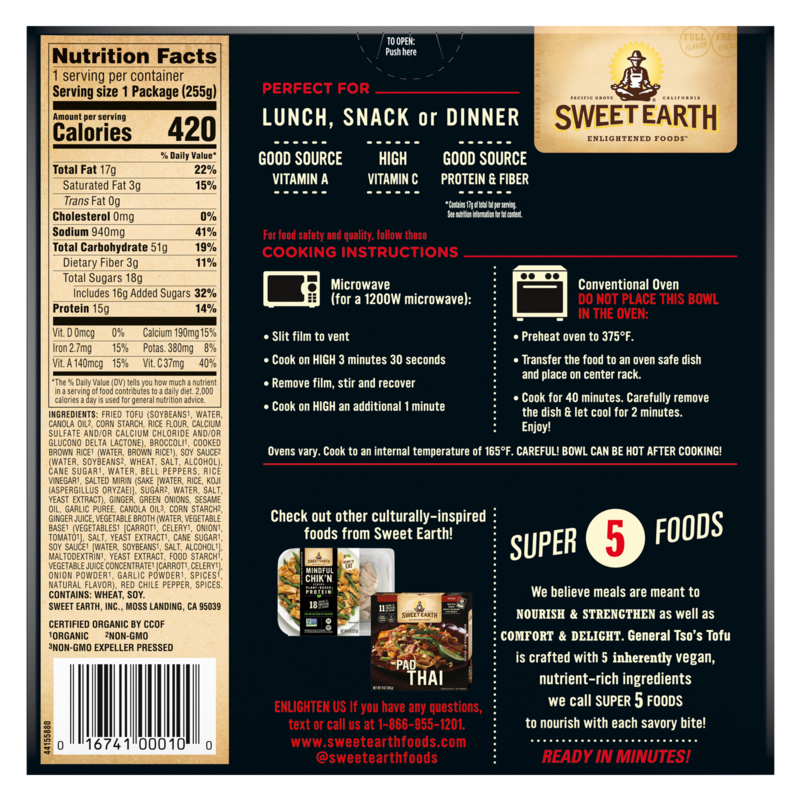 Sweet Earth Frozen Vegan General Tso's Tofu Meal 9oz Quick Meals fast